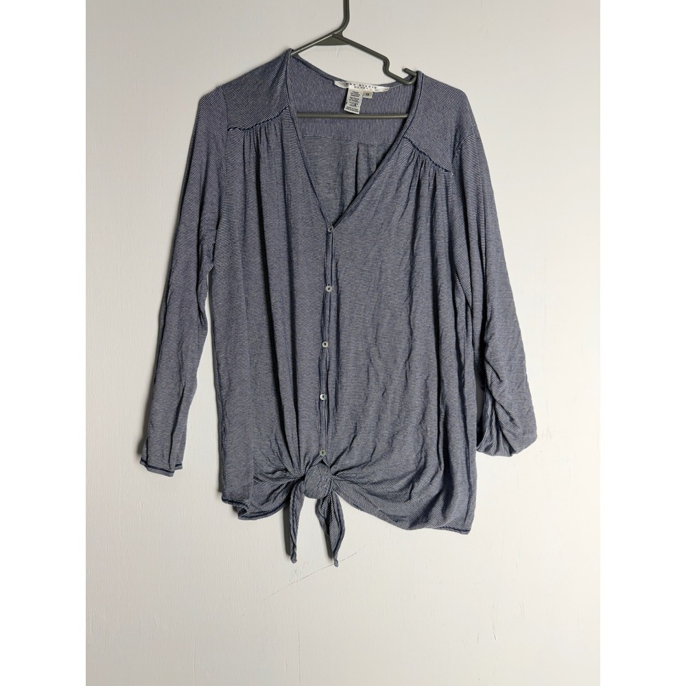 Max Studio Woman Blue White Striped Tie Front Button Top 1X Linen 3W09F75